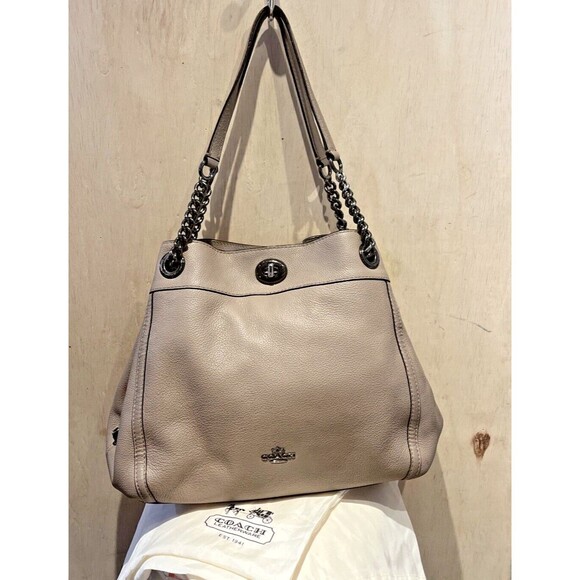 Coach Edie Turn lock Taupe Pebbled Leather Shoulder Bag Purse Satchel 36855 - Picture 1 of 16